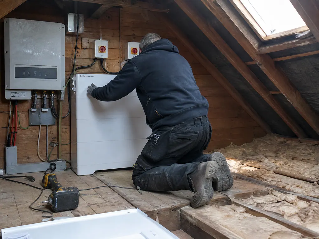 Electrician fitting a new battery beside an existing solar inverter in a Birmingham loft
