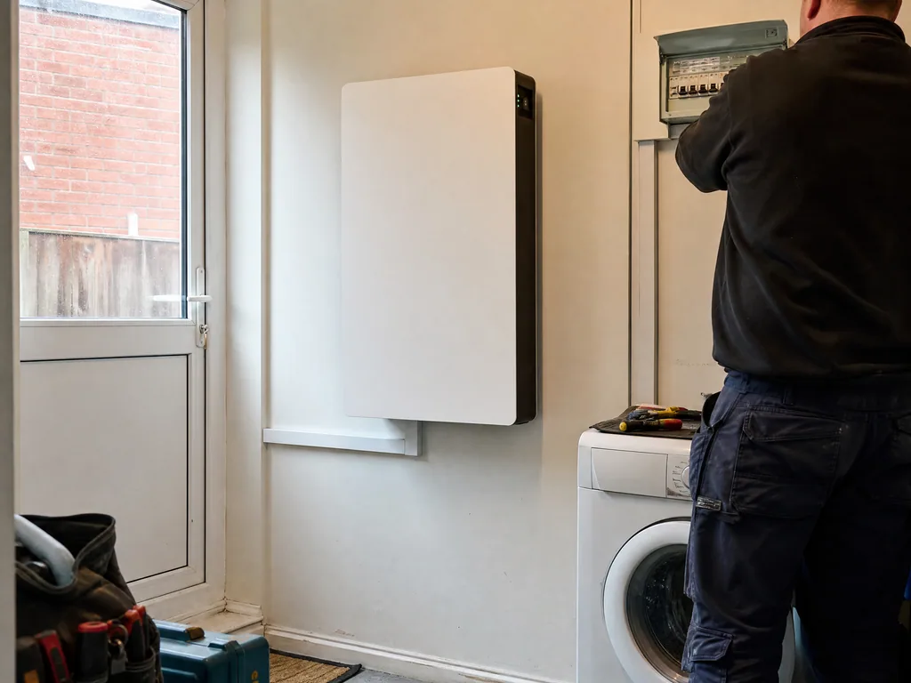 Home solar battery mounted in a utility room, Birmingham
