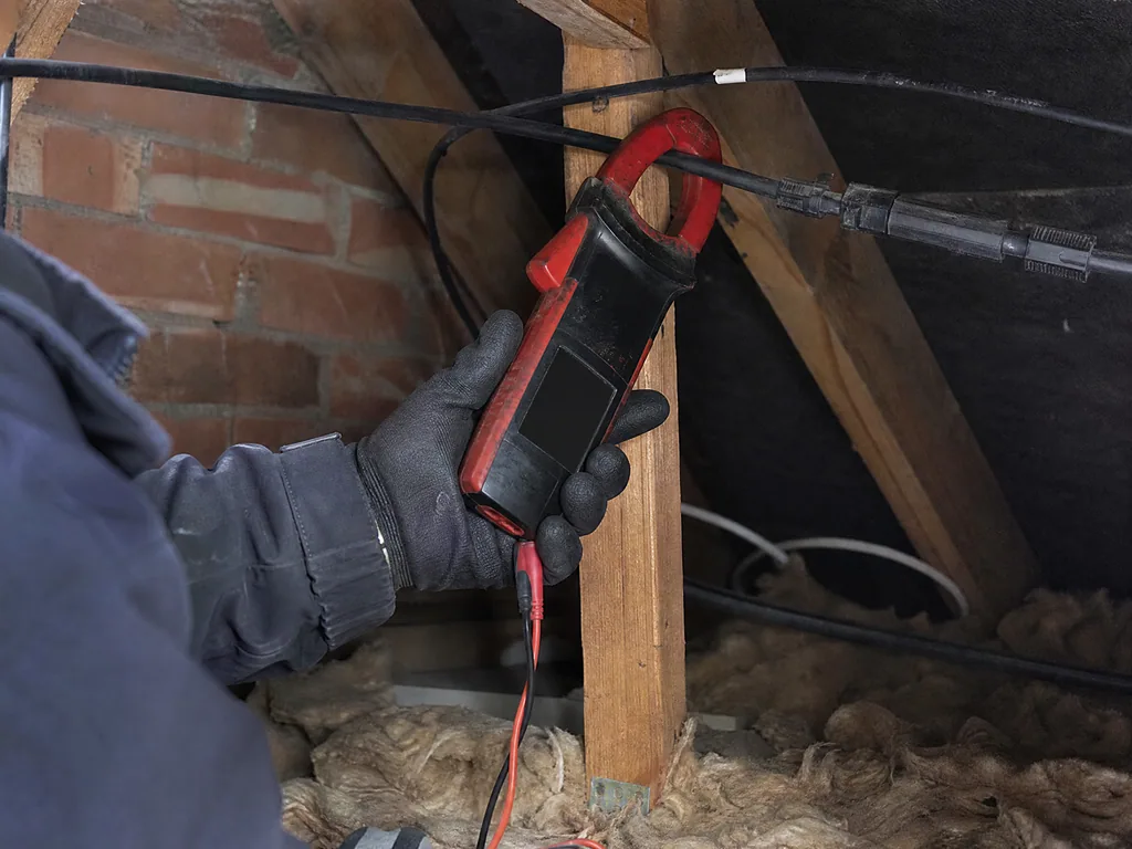 Clamp meter used to test a solar DC cable during fault finding, Birmingham