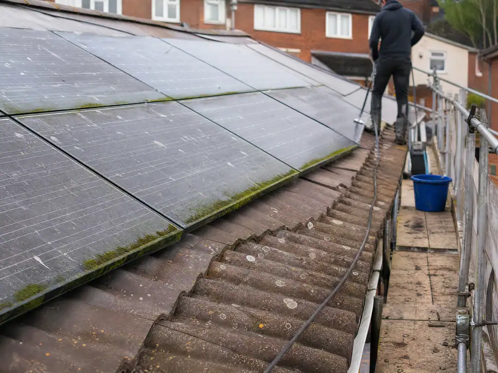 Solar panels with grime and moss before a service, Birmingham