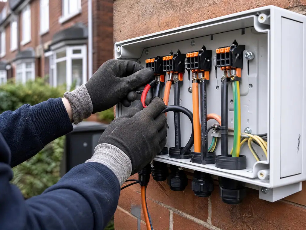 Electrician connecting the cables to a home solar battery, Birmingham