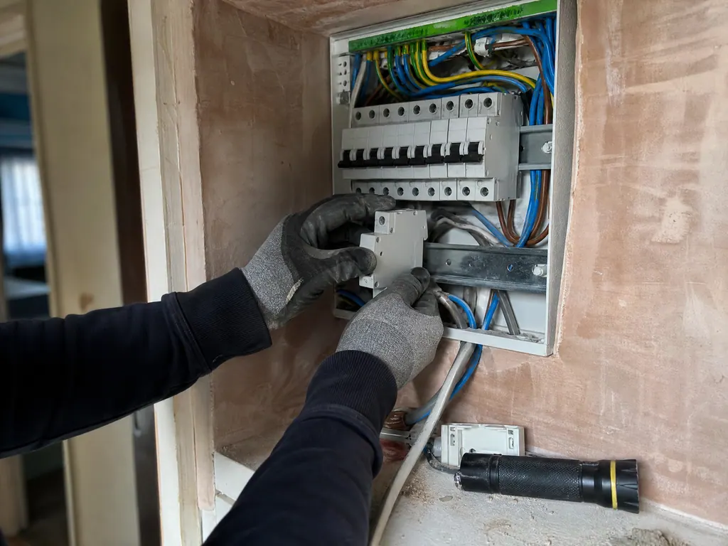Electrician adding the charger circuit at the consumer unit, Birmingham
