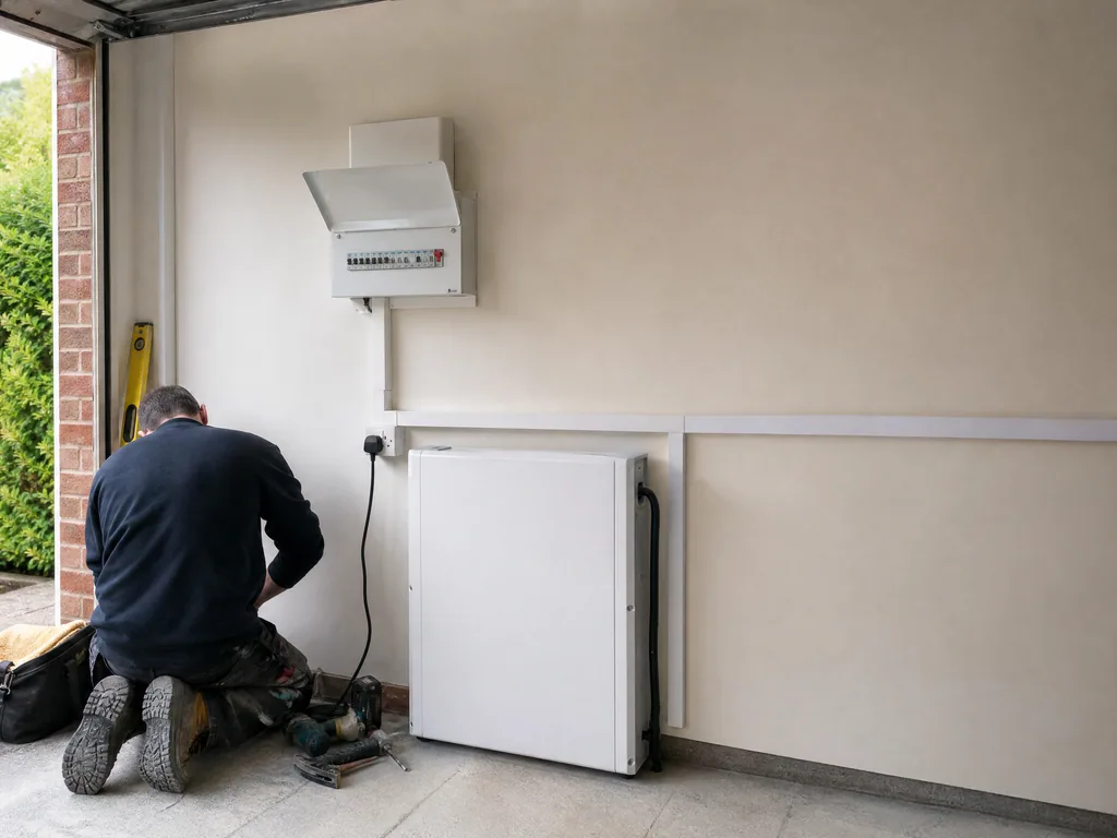The same garage wall with a home battery fitted, Birmingham