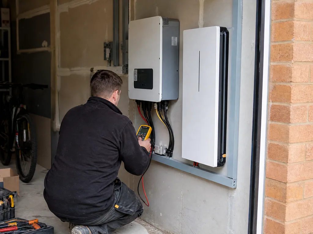 Electrician testing a home solar battery and inverter mounted on a garage wall in Birmingham