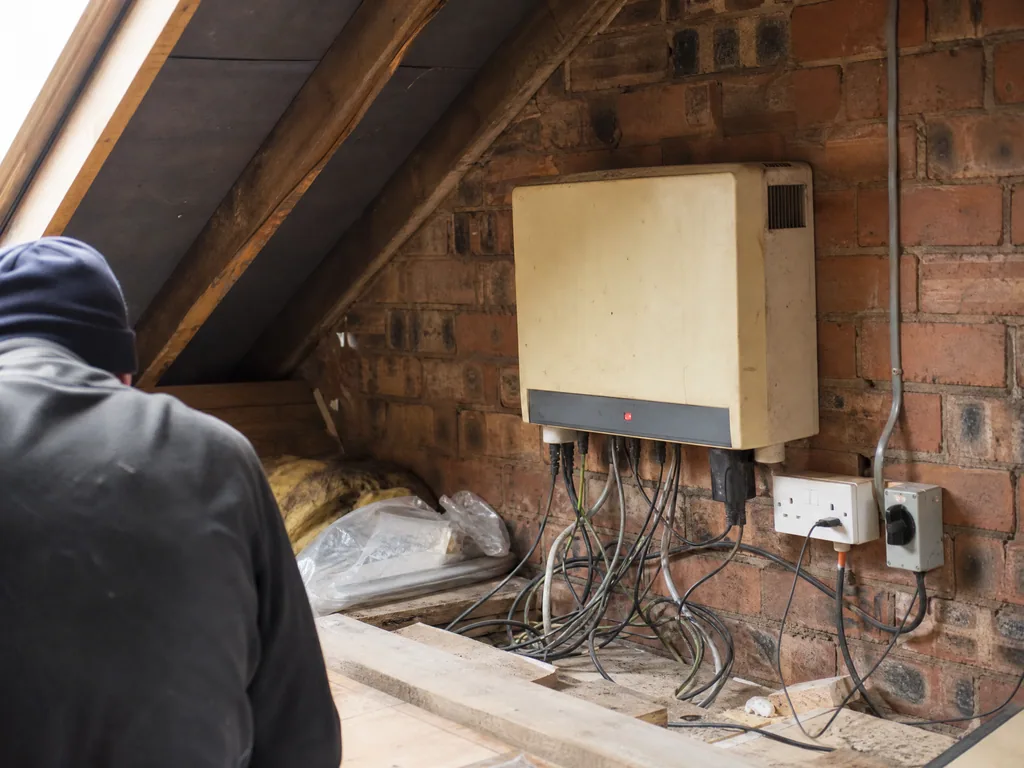 Old solar inverter showing a fault light, Birmingham